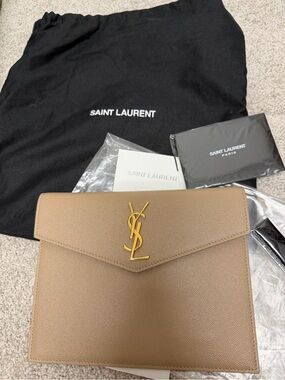 Yves Saint Laurent Beige Envelope Clutch with Gold YSL Logo